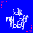 Blue background with white pixelated text forming a star shape, surrounded by red and purple star-shaped dots.