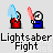 Pixel art animation of two figures in red and blue outfits fighting with lightsabers, each frame showing different saber positions and particle effects.