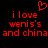 Red pixelated text on black background reads 'i love wenis's and china' with a red heart symbol above the left side of the text.