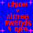 Blue background with red text and pink stars, displaying 'chloe', 'Aimee', 'Pwends', '4 type', and heart symbols in a pixelated style.