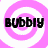 Pixelated text 'Bubbiy' overlaid on pink and white spiral patterns with a gray rectangular area in the bottom right.