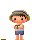 A 4x4 contact sheet of pixel art frames showing a cartoon character with brown hair, blue hat, white shirt, and purple shorts holding a small object in various poses across multiple animation frames.