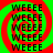 Four identical spiral patterns with alternating red and green colors, each containing repeated black text "WEEEE"