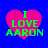 Four identical pink heart-shaped icons with green text "I LOVE AARON" on a blue background, arranged in a