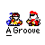 Pixel art animation of two characters dancing with motion trails, labeled 'A Groove' below each pair on gray background.