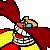 Pixelated character with red hair, blue eyes, and a wide grin wearing yellow shoulder pads against gray background.