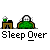 Pixel art animation of a green character with white hair sleeping on a brown bed, with a small green plant on a brown table beside it, and a blue hand interacting with the bed.