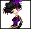 Pixel art of a stylized female figure with black hair and purple accents, standing beside blue text and a pixelated flower.