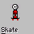 Pixelated animation of a red-and-white figure performing a skateboarding trick on brown blocks with scattered red fragments, set against a gray background.