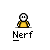 Pixelated character in yellow shirt with white face and black outline, text "Nerf" below on gray background, small pink lines appear near head across frames.