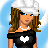 Pixel art character with brown hair, white cap, black top with heart symbol, white pants, and pearl necklace against blue background.