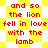 Red text on yellow and white pixelated background reads 'and so the lion fell in love with the lamb' across multiple repeated sections.