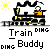 Pixel art of a black and yellow steam locomotive on tracks with smoke, a sun in the top-left corner, and text reading 'Train Buddy' below.