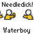 Pixel art buddy icon set with yellow figures, white heads, and text labels like "Needledick!" and "Waterboy" across showing motion changes