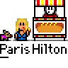 Animated contact sheet of a pixel art Paris Hilton icon showing sequential frames with hot dog stand, blonde woman character, and speech bubbles.