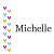 Animated sequence of vertical pixel clusters in pink, cyan, and orange beside the name 'Michelle', with varying cluster heights across frames.