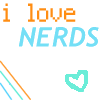Static pixel art icon with orange and blue text, diagonal lines, and a heart symbol on white background.