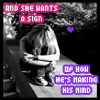 A black-and-white photo of a person sitting on a bench with arms crossed, overlaid with pink and purple text and animated pink dots.