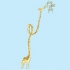 A pixelated giraffe with a long neck and patterned body stands against a light blue background, holding a small object above its head.