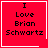 Red square icon with black text reading "I Love Brian Schwartz" and white border, featuring a small white heart symbol in the bottom-right corner of one variant.