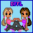 Animated contact sheet of a pixel art icon showing two cartoon women in pink tops and dark pants holding hands, with text labels changing across frames on a light blue background.