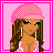 Pixel art contact sheet of a female character in pink attire with text panels, arranged 3x3 grid on solid pink background.