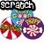 Animated icon with three circular candy-themed elements and text labels 'scratch', 'and', 'strip' in black boxes above them.