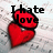 A pixelated red heart with black text reading "I hate love" overlaid, set against a light gray background.