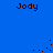 Blue background with four instances of the name "Jody" in dark brown pixelated text, each accompanied by scattered dark brown dots forming partial trails.