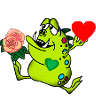 Green cartoon creature with heart-shaped chest, holding pink rose and red heart; one version shows open mouth while the other has closed mouth.