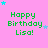 Pink background with green text reading 'Happy Birthday Lisa!' and scattered blue/purple stars, partially cropped on the right side.