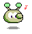Pixelated green alien-like avatar with two antennae, white eyes, and purple pupils in various poses including waving, dancing, and holding a small object.