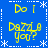 Blue background with yellow text reading "Do I Dazzle You?" arranged in a pattern, surrounded by white snowflake and dotted line borders
