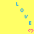 Yellow background with blue 'LOVE' text and pink heart symbols arranged in vertical