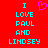 Red background with cyan text reading 'I LOVE PAUL AND LINDSEY' and a pink heart symbol above the word 'LOVE'.