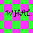 Green and pink checkered background with four instances of the word WHAT in pixelated black text, two with square and two with diamond