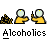 Animated contact sheet of 12 frames showing yellow stick figures interacting with black-and-yellow striped objects and each other, labeled "Alcoholics" beneath each frame.