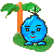 Pixelated blue character with red mouth stands on green base under palm tree, eyes shift from open to closed between frames.
