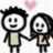Pixelated cartoon couple holding hands under a pink heart on white background, with text on bright pink