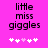 Pixelated text 'little miss giggles' on bright pink background with white and light purple star icons below.