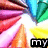 A colorful pixelated animation with radiating stripes and a central heart shape, displaying text fragments across frames.