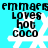 Pixelated text and snowflake icons on cyan background with repeated 'emmers' and 'loves hot coco' text.