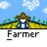 A 4x4 contact sheet of a pixel art animation featuring a farmer character with brown hair and blue shirt, showing sequential frames of movement across a field with clouds and birds.