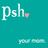 Pixelated teal background with white text 'Psh.' and a small pink heart symbol, plus two blurred pixel clusters at the bottom.