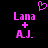 Pixelated pink text and symbols on black background, two identical side-by-side layouts with 'Lana + AJ.' and a heart above.