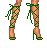 Pixel art contact sheet showing a female character in green and white attire with text elements across multiple frames.