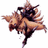 Pixelated image of a character with brown hair and dark clothing riding a large brown animal against a white background, with yellow text repeated on black background.