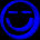 Blue circular smiley face icon with closed eyes and curved mouth, displayed in three views showing front, side, and back perspectives against black background.