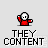Pixel art character in red outfit with white head, performing sequential arm movements above text reading THEY CONTENT on light gray background.