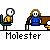 Pixel art animation of two characters on a bench with speech bubbles and repeated 'Molester' text below each frame.